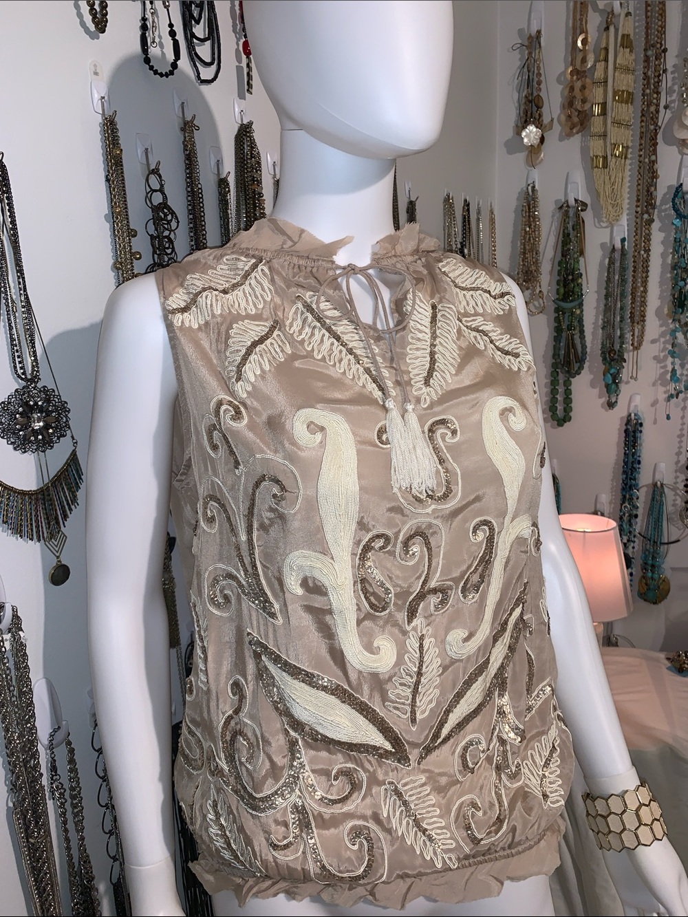Namrata Joshipura Embroidered Tie-Neck Sleeveless Camisole in Taupe w/ bracelet